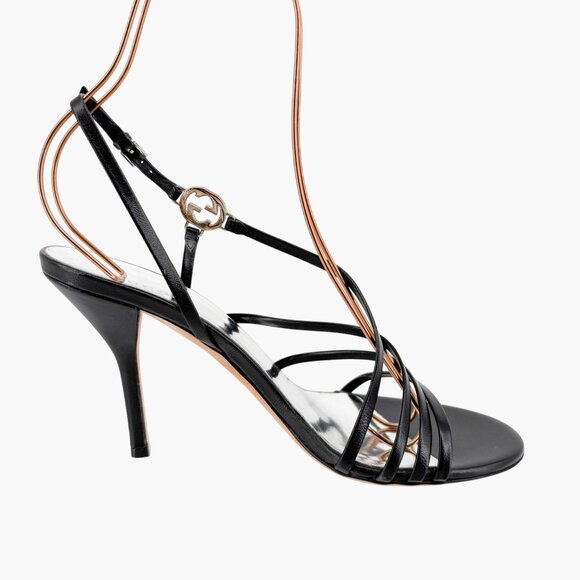 Gucci Strappy Interlocking GG Sandals Size 38.5 US 8.5 Black Leather High Heel - Picture 13 of 15